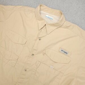 Columbia PFG Mens XL Fishing Shirt Tan Short Sleeve Vent Tech Cotton